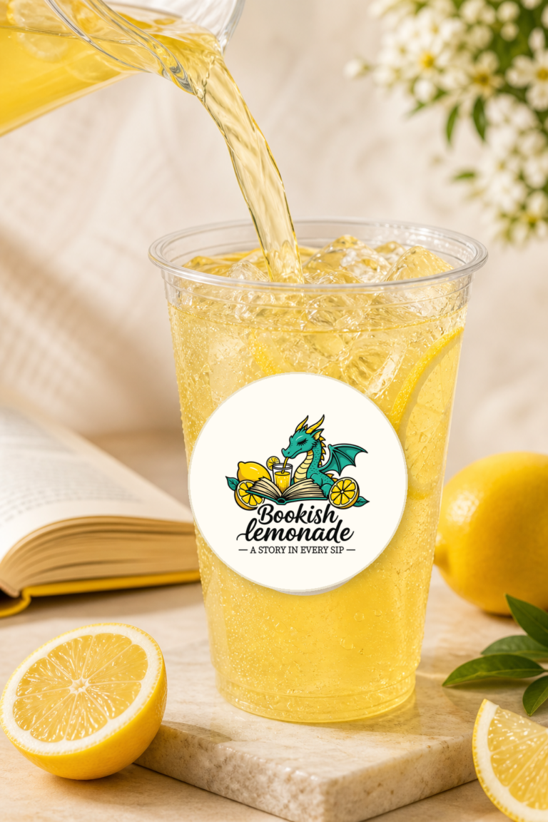 Fresh lemonade being poured into a clear plastic cup with a clean centered official Bookish Lemonade logo sticker